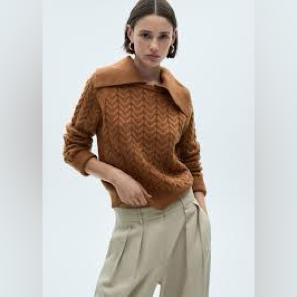 MANGO medium Women's Lapel Collar Braided Sweater MNG caramel brown - Picture 10 of 10